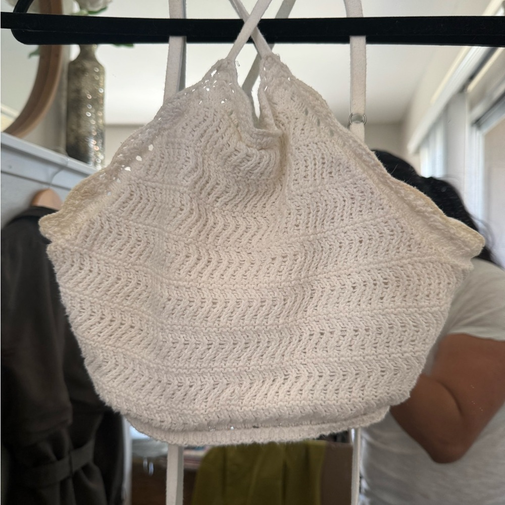 Hollister White Crochet Halter High Neck Tank Adjustable Straps Size S
